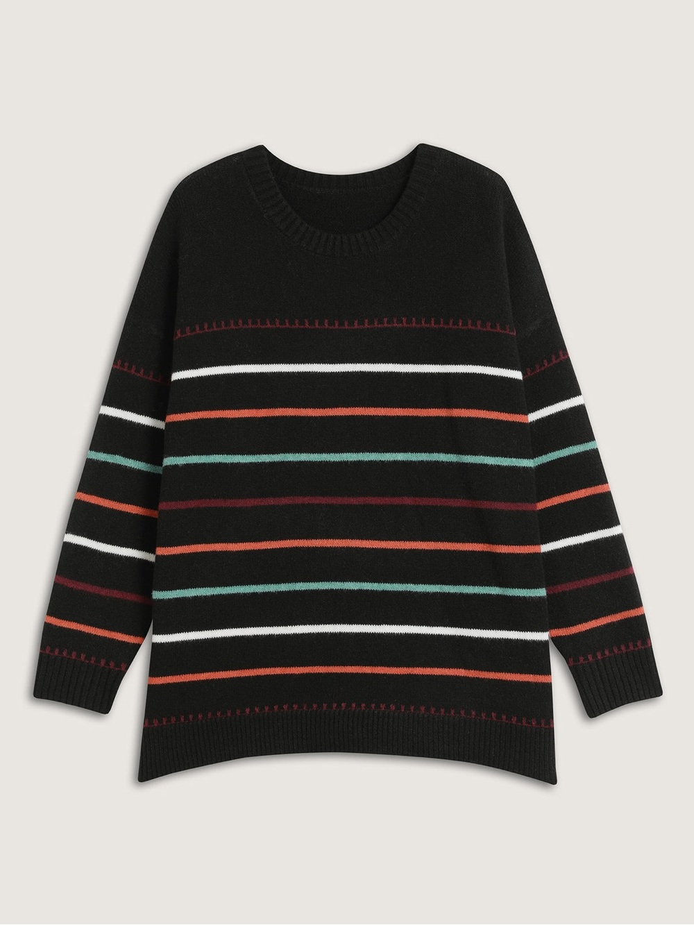 BloomChic Black Crewneck Sweater with Red, White, Teal & Orange Stripes